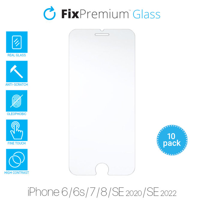 FixPremium Glass - Verre Trempé pour iPhone 6, 6s, 7, 8, SE 2020, SE 2022 (10 Pack)