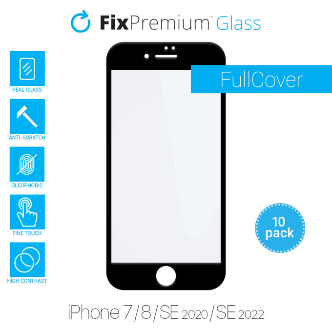 FixPremium FullCover Glass - Verre trempé pour iPhone 7, 8, SE 2020 & SE 2022 (10 Pack)