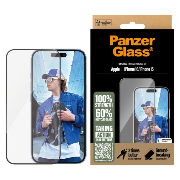 Verre trempé UWF avec applicateur pour iPhone 16/15, Noir, PanzerGlass