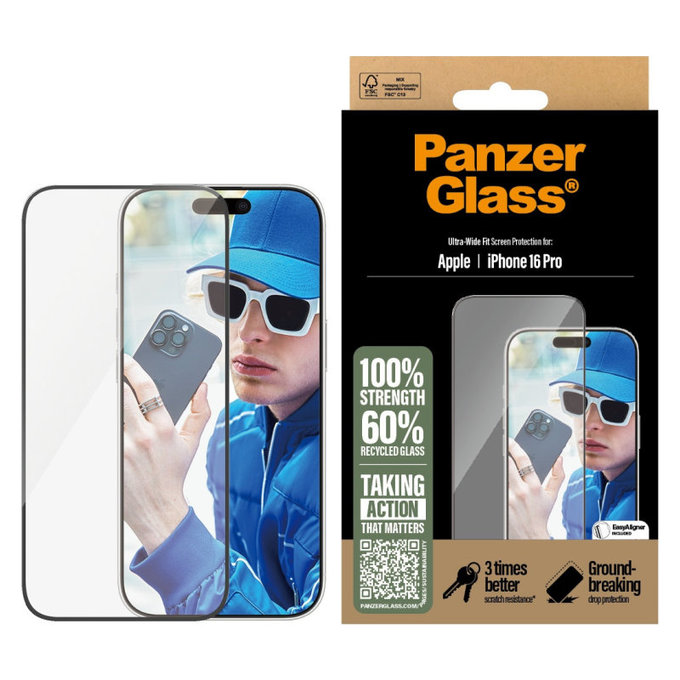 Verre trempé UWF avec applicateur pour iPhone 16 Pro, Noir, PanzerGlass