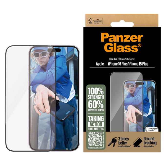Verre trempé UWF avec applicateur pour iPhone 16 Plus/15 Plus, Noir, PanzerGlass
