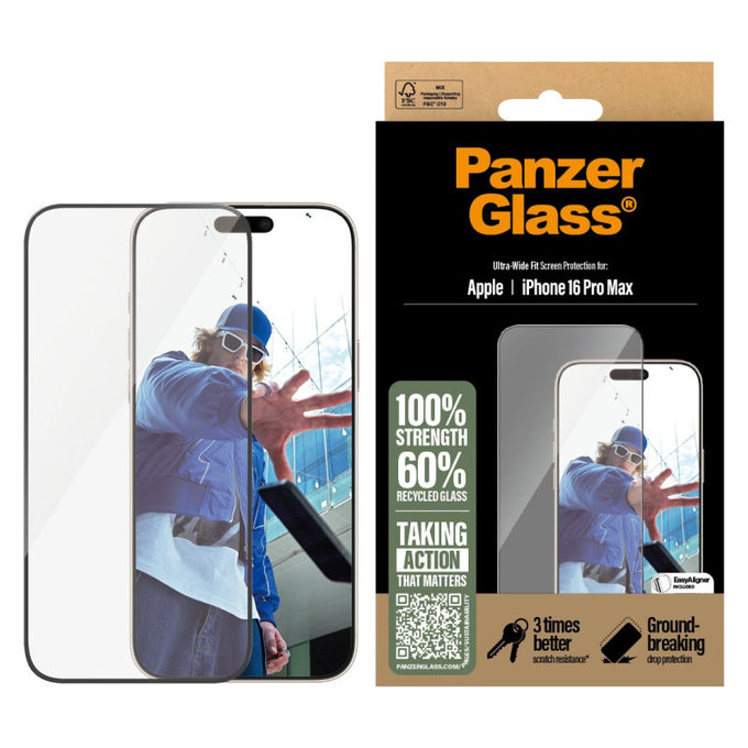 Verre trempé UWF avec applicateur pour iPhone 16 Pro Max, Noir, PanzerGlass