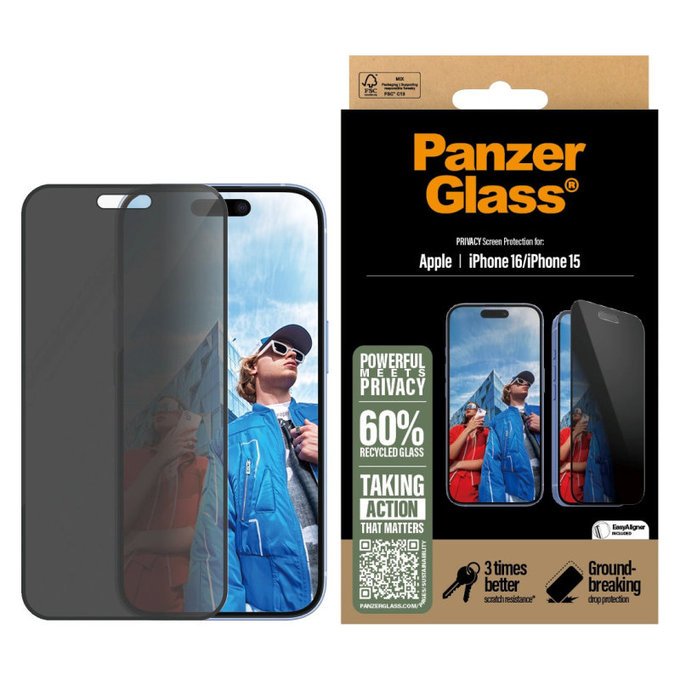 Verre trempé UWF Privacy avec applicateur pour iPhone 16/15, Noir, PanzerGlass