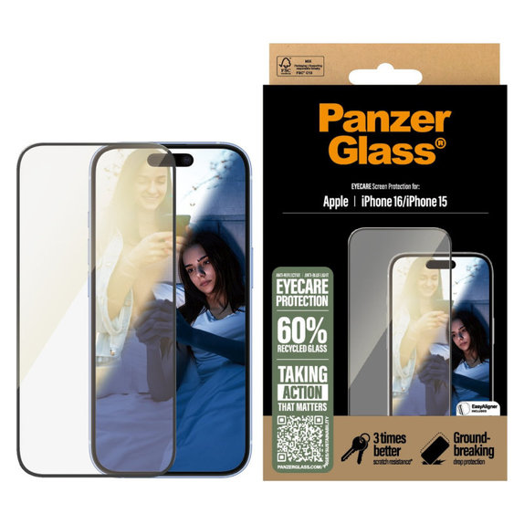 Verre trempé UWF Eyecare avec applicateur pour iPhone 16/15, Noir, PanzerGlass
