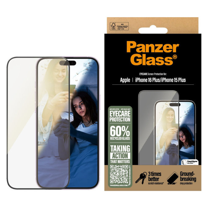 Verre trempé UWF Eyecare avec applicateur pour iPhone 16 Plus/15 Plus, Noir, PanzerGlass