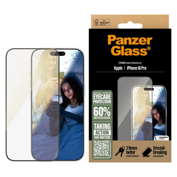Verre trempé UWF Eyecare avec applicateur pour iPhone 16 Pro, Noir, PanzerGlass