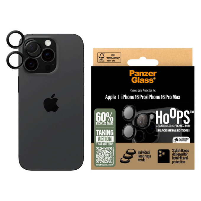 Protection d'objectif Hoops pour iPhone 16 Pro Max/16 Pro, Noir, PanzerGlass