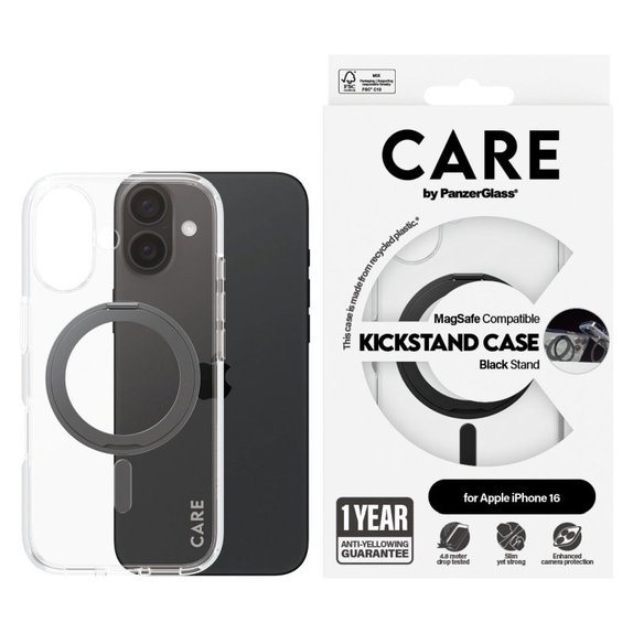 Coque Kickstand avec MagSafe pour iPhone 16, Noir, CARE