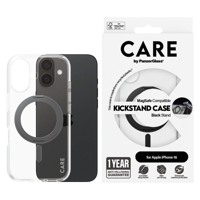 Coque Kickstand avec MagSafe pour iPhone 16, Noir, CARE