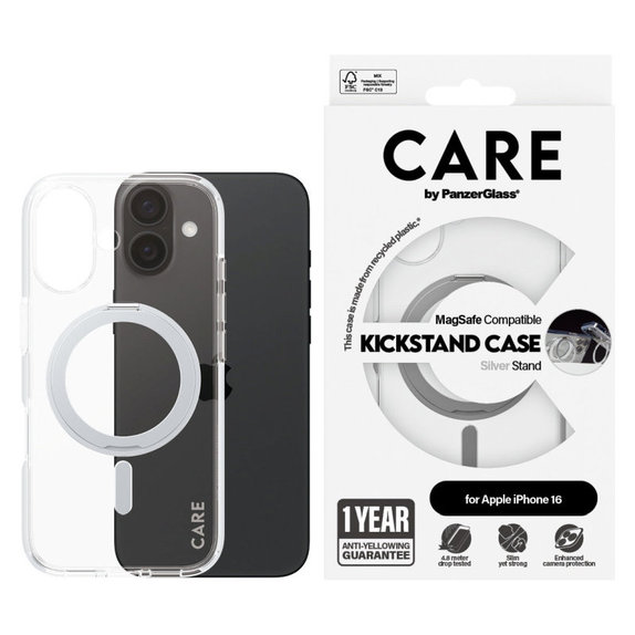 Coque Kickstand avec MagSafe pour iPhone 16, Argent, CARE