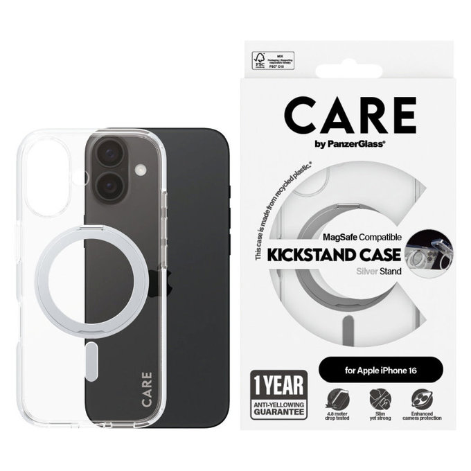 Coque Kickstand avec MagSafe pour iPhone 16, Argent, CARE
