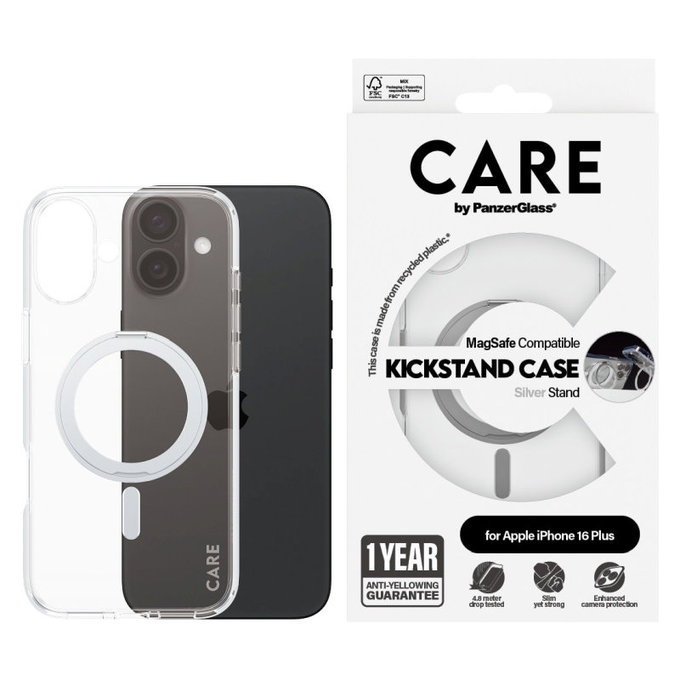 Coque Kickstand avec MagSafe pour iPhone 16 Plus, Argent, CARE