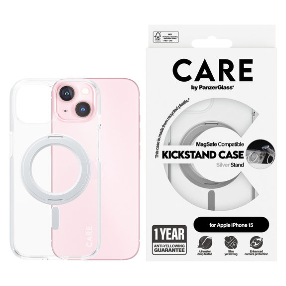 Étui Kickstand avec MagSAFE by PanzerGlass pour iPhone 15, Argent, PanzerGlass