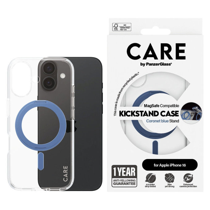 Coque Kickstand avec MagSafe pour iPhone 16, Bleu, CARE