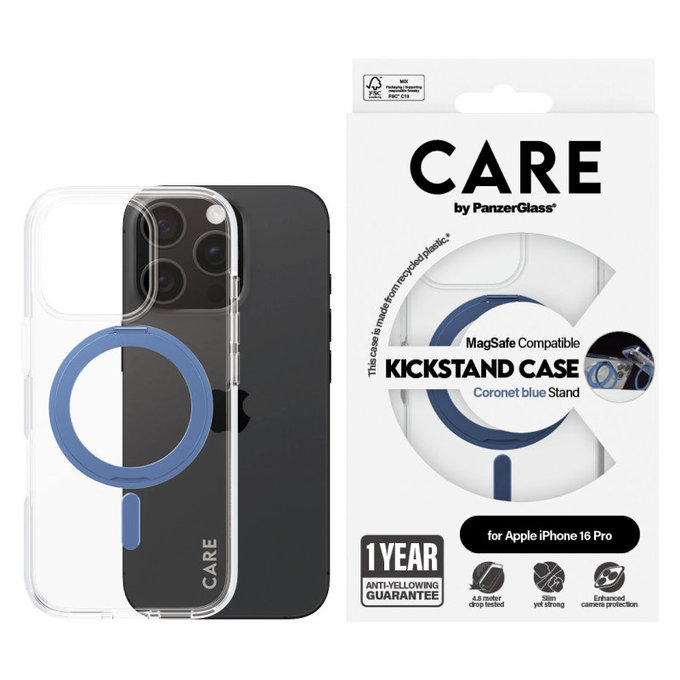 Coque Kickstand avec MagSafe pour iPhone 16 Pro, Bleu, CARE