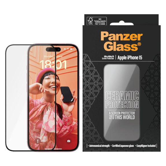 Verre trempé UWF Ceramic avec applicateur pour iPhone 15, Noir, PanzerGlass