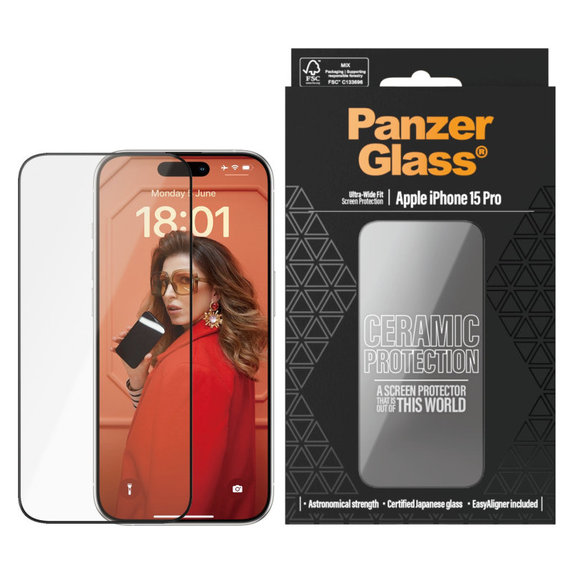 Verre trempé UWF Ceramic avec applicateur pour iPhone 15 Pro, Noir, PanzerGlass