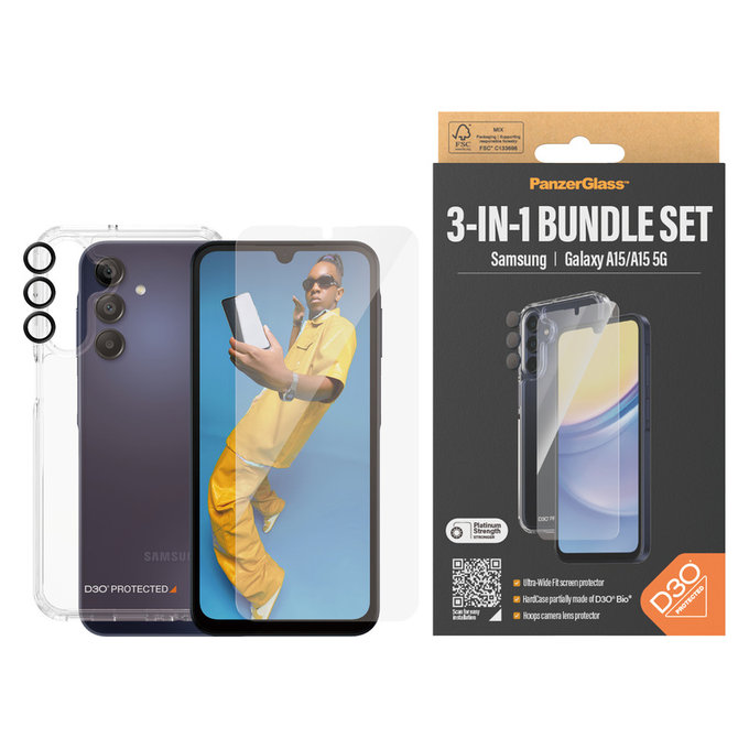 Bundle Hoops + Verre trempé UWF + Hard Case D3O pour Samsung Galaxy A15/A15 5G, PanzerGlass