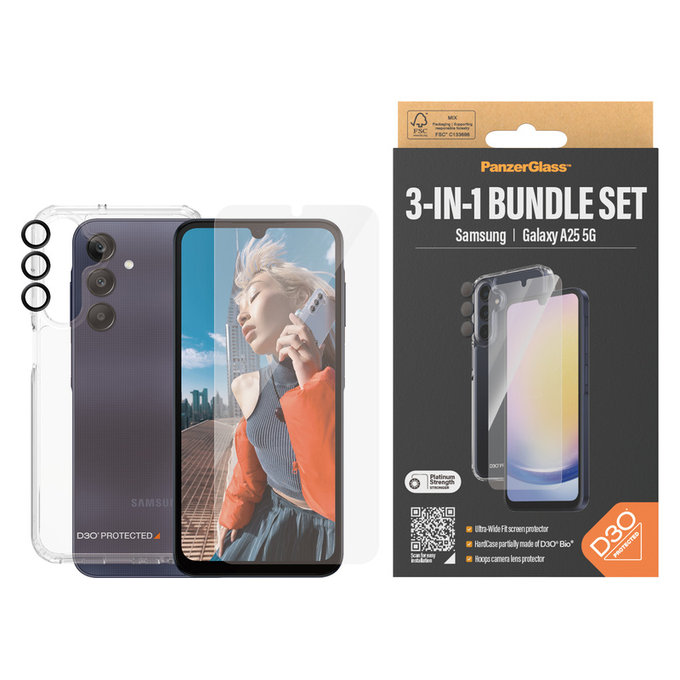 Bundle Hoops + Verre trempé UWF + Hard Case D3O pour Samsung Galaxy A25 5G, Transparent, PanzerGlass