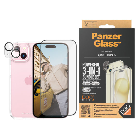 Bundle PicturePerfect + Verre trempé UWF + Hard Case D3O pour iPhone 15, PanzerGlass