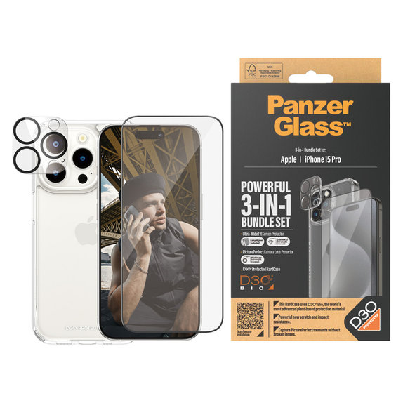 Bundle PicturePerfect + Verre trempé UWF + Hard Case D3O pour iPhone 15 Pro, PanzerGlass