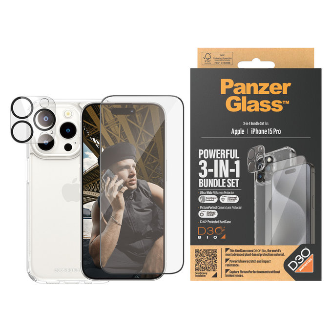 Bundle PicturePerfect + Verre trempé UWF + Hard Case D3O pour iPhone 15 Pro, PanzerGlass