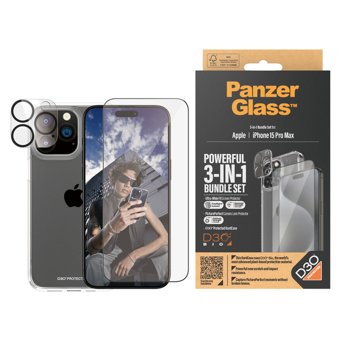 Bundle PicturePerfect + Verre trempé UWF + Hard Case D3O pour iPhone 15 Pro Max, PanzerGlass