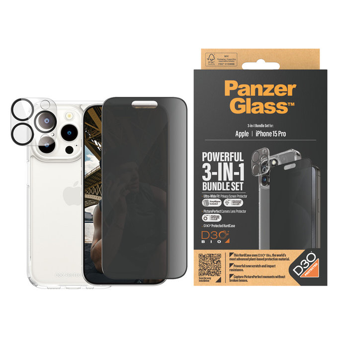 Bundle PicturePerfect + Verre trempé UWF Privacy + Hard Case D3O pour iPhone 15 Pro, PanzerGlass