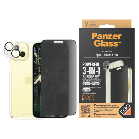 Bundle PicturePerfect + Verre trempé UWF Privacy + Hard Case D3O pour iPhone 15 Plus, PanzerGlass