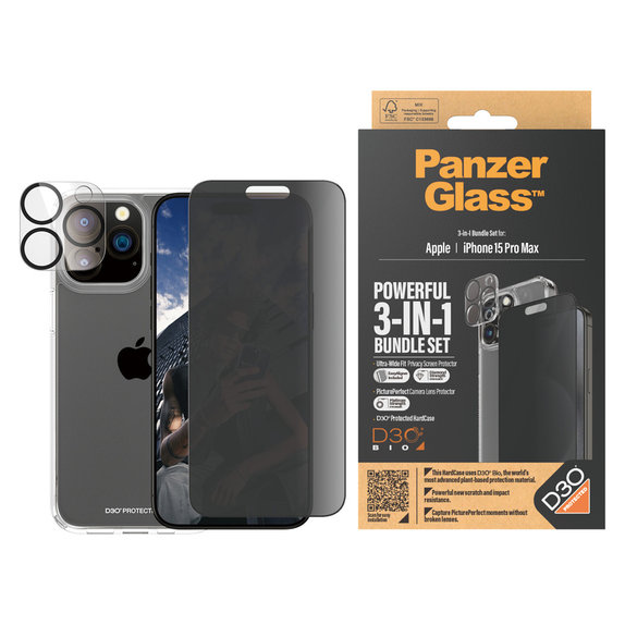 Bundle PicturePerfect + Verre trempé UWF Privacy + Hard Case D3O pour iPhone 15 Pro Max, PanzerGlass