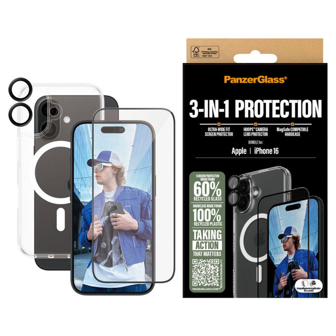 Bundle 3-en-1 Hoops + Verre trempé UWF + Hard Case pour iPhone 16, PanzerGlass