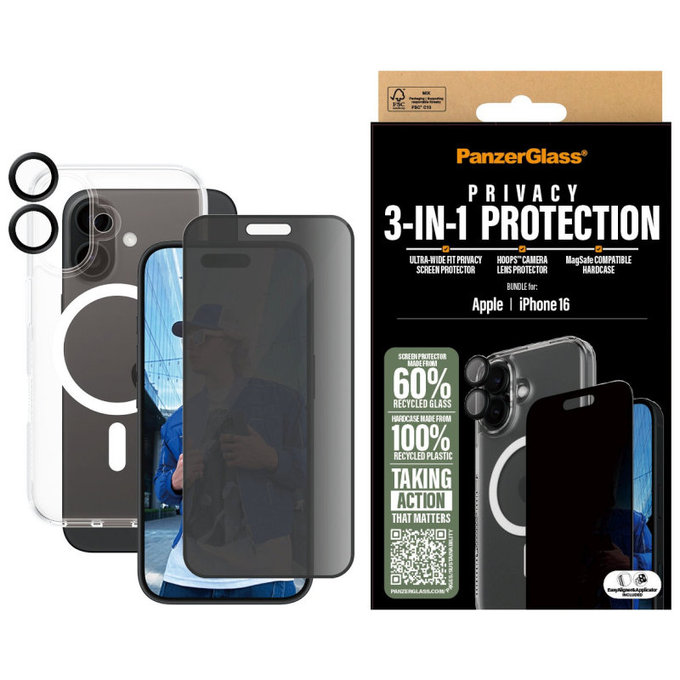 Bundle Hoops + Verre trempé UWF Privacy + Hard Case pour iPhone 16, PanzerGlass