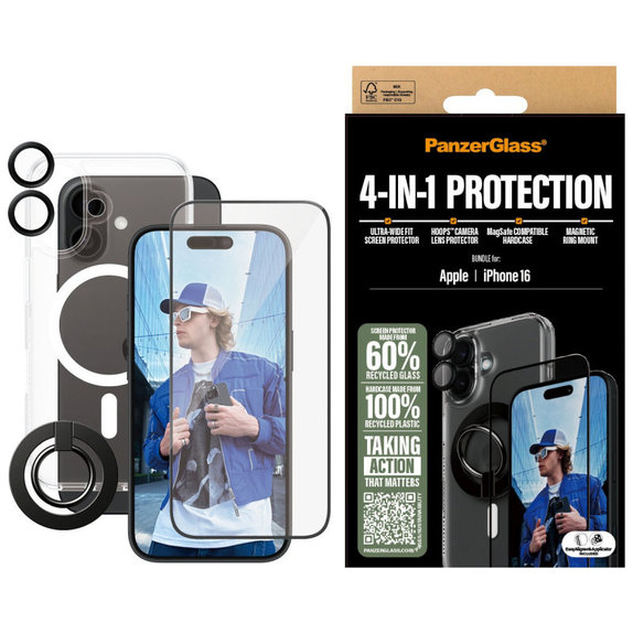 Bundle Hoops + Verre trempé UWF + Hard Case + Magnetic Ring Mount pour iPhone 16, PanzerGlass