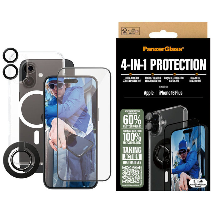 Bundle Hoops + Verre trempé UWF + Hard Case + Magnetic Ring Mount pour iPhone 16 Plus, PanzerGlass