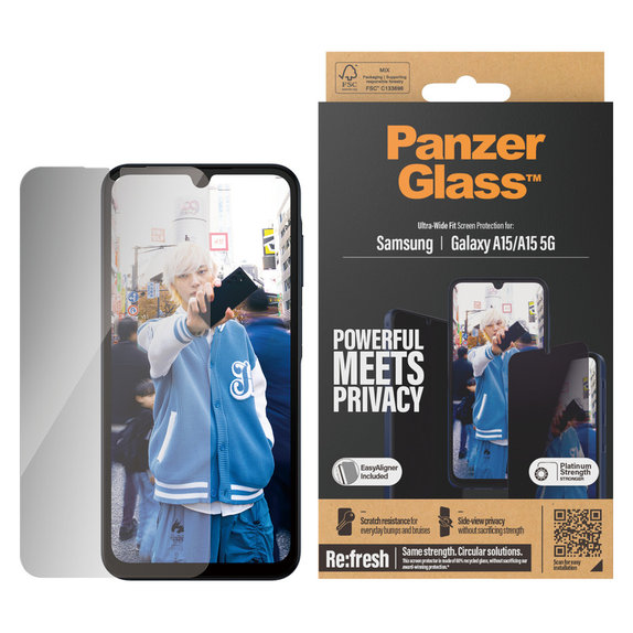 Verre trempé UWF Privacy avec applicateur pour Samsung Galaxy A15/A15 5G, Noir, PanzerGlass