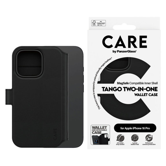 Coque Wallet Tango Two-In-One avec MagSafe pour iPhone 16 Pro, Noir, CARE