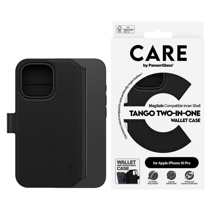 Coque Wallet Tango Two-In-One avec MagSafe pour iPhone 16 Pro, Noir, CARE