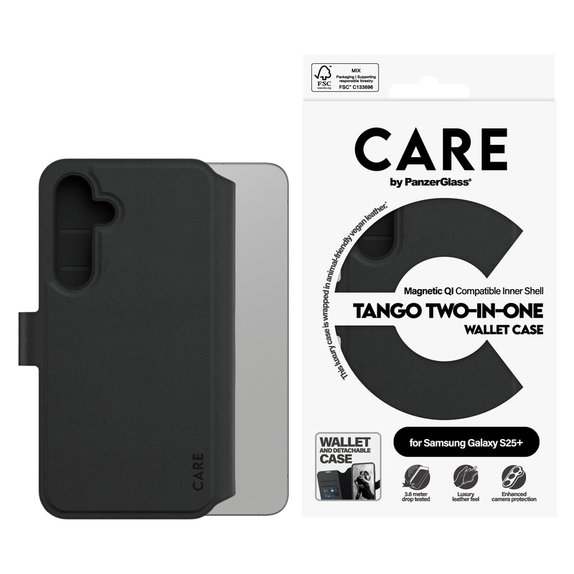 Étui Wallet Tango Two-In-One avec QI pour Samsung Galaxy S25+, Noir, PanzerGlass