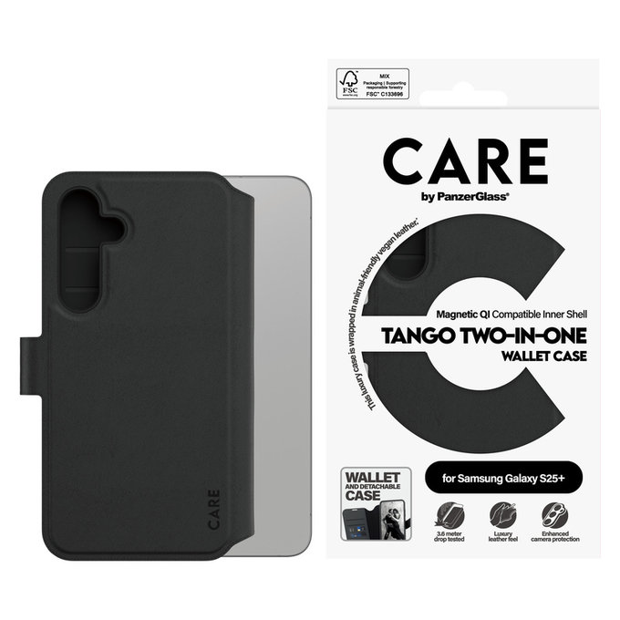 Étui Wallet Tango Two-In-One avec QI pour Samsung Galaxy S25+, Noir, PanzerGlass