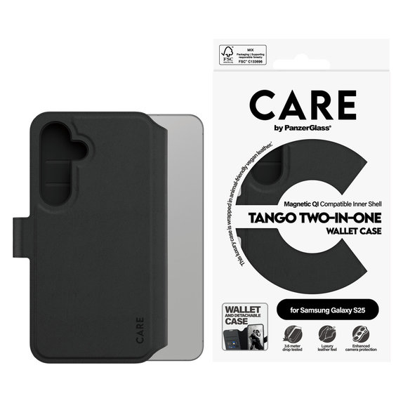 Étui Wallet Tango Two-In-One avec QI pour Samsung Galaxy S25, Noir, PanzerGlass