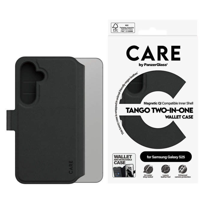 Étui Wallet Tango Two-In-One avec QI pour Samsung Galaxy S25, Noir, PanzerGlass