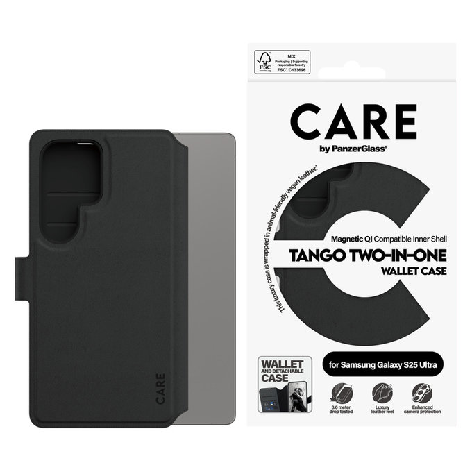 Étui Wallet Tango Two-In-One avec QI pour Samsung Galaxy S25 Ultra, Noir, PanzerGlass