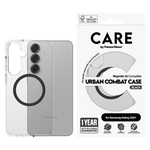 Étui Urban Combat avec QI noir pour Samsung Galaxy S25+, Transparent, PanzerGlass
