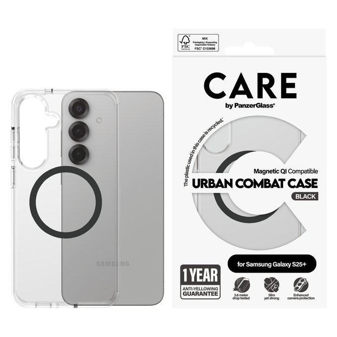 Étui Urban Combat avec QI noir pour Samsung Galaxy S25+, Transparent, PanzerGlass