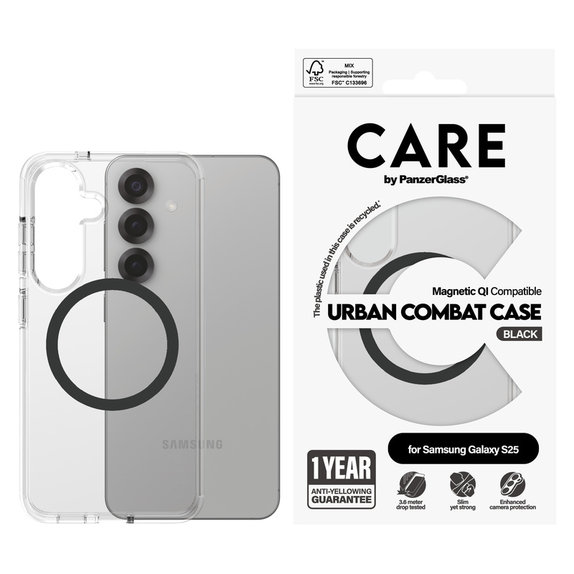 Étui Urban Combat avec QI noir pour Samsung Galaxy S25, Transparent, PanzerGlass