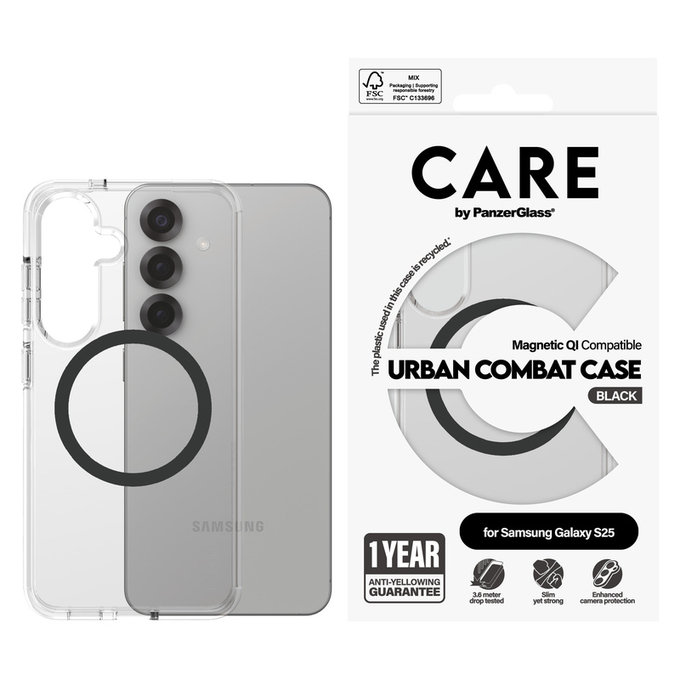 Étui Urban Combat avec QI noir pour Samsung Galaxy S25, Transparent, PanzerGlass