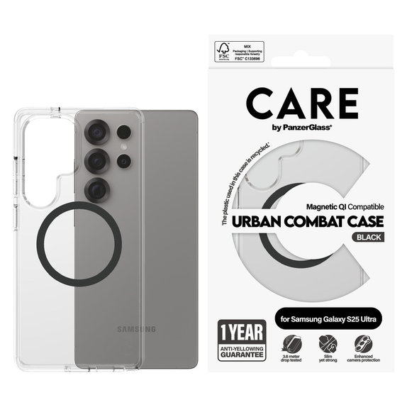 Étui Urban Combat avec QI noir pour Samsung Galaxy S25 Ultra, Transparent, PanzerGlass