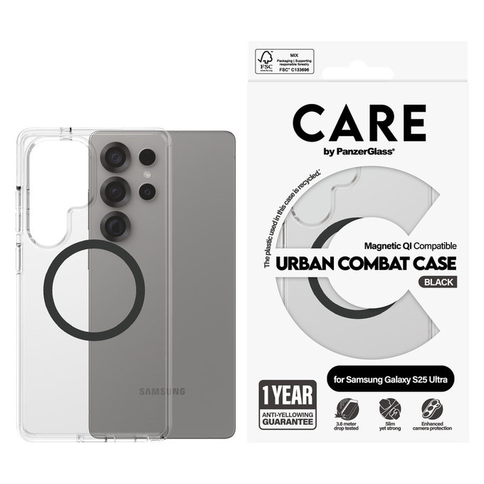 Étui Urban Combat avec QI noir pour Samsung Galaxy S25 Ultra, Transparent, PanzerGlass