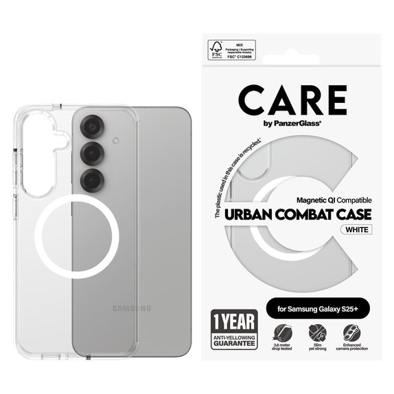 Étui Urban Combat avec QI blanc pour Samsung Galaxy S25+, Transparent, PanzerGlass