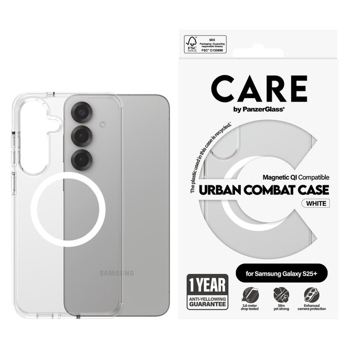 Étui Urban Combat avec QI blanc pour Samsung Galaxy S25+, Transparent, PanzerGlass